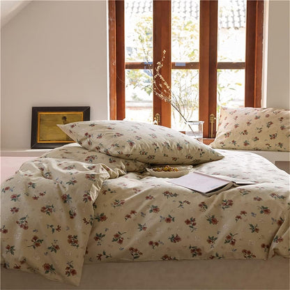 Close-up of the VibeCore Cottagecore Vintage Floral Duvet Cover Set pillowcase, showcasing a beautiful vintage floral pattern. The soft fabric and delicate design complement any rustic or cottagecore-inspired bedroom or dorm decor.