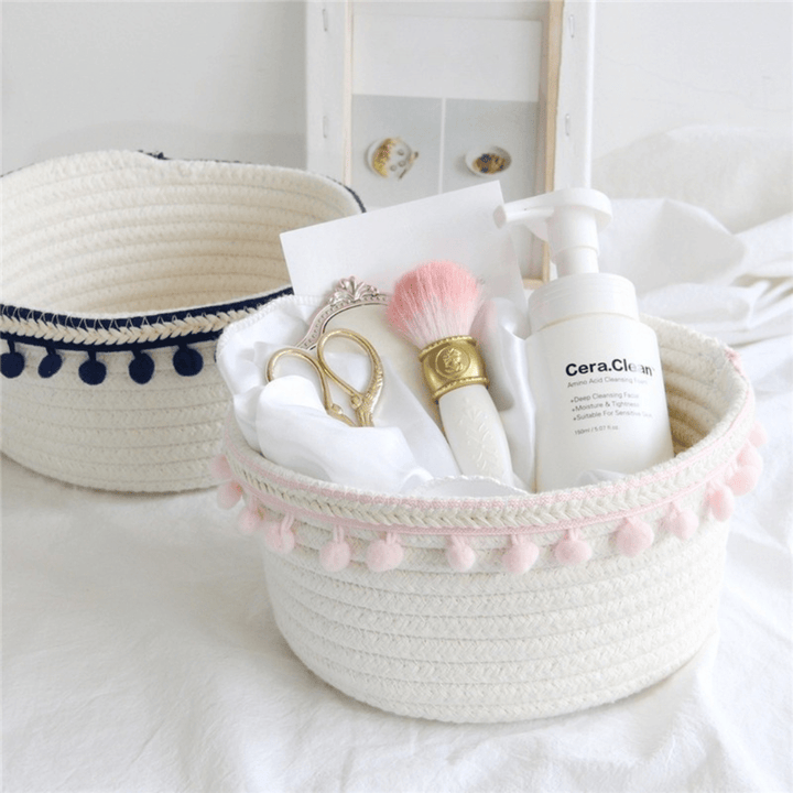 VibeCore Cotton Rope Storage Basket in light pink, close-up view with various products neatly stored inside, showcasing its eco-friendly, stylish design.