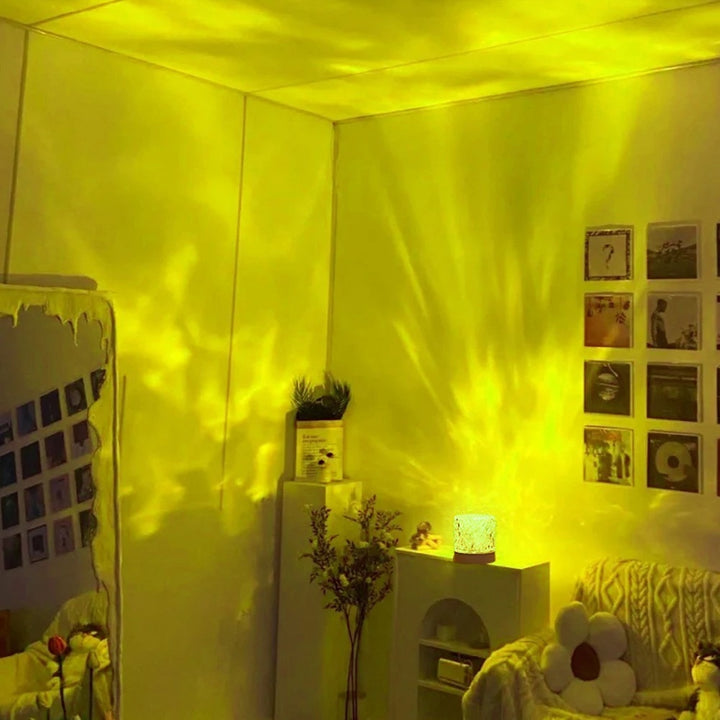 VibeCore Crystal Light Projector displaying yellow light, offering a warm and vibrant glow. With 16 color options, touch control, and USB rechargeability, this projector creates cozy, mood-enhancing ambiance for aesthetic, teen rooms, dorm rooms, and any space in need of colorful decor.