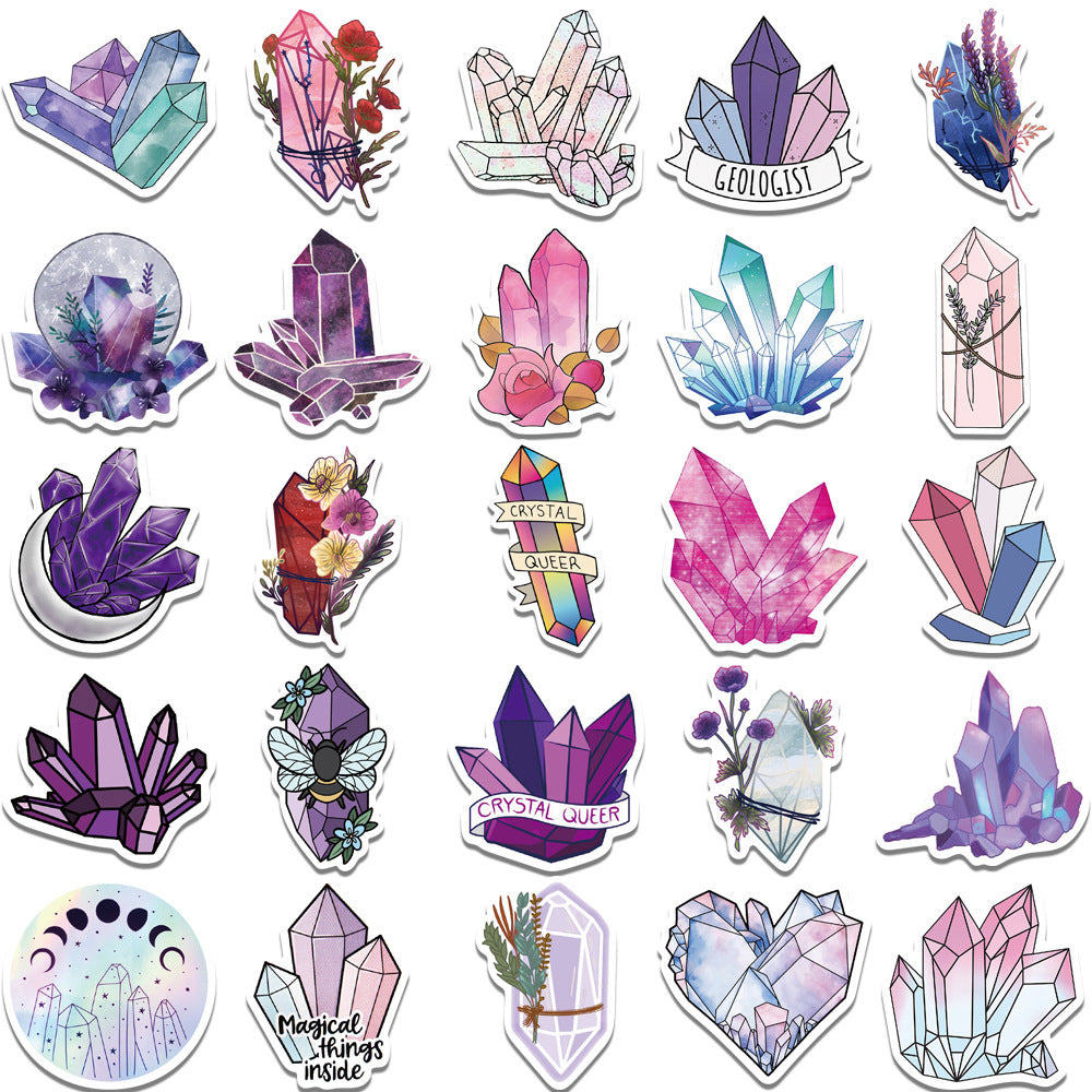 VibeCore Crystals Stickers set featuring 20 mystical designs, including sparkling gemstones and crystal formations, perfect for adding a magical touch to your accessories.