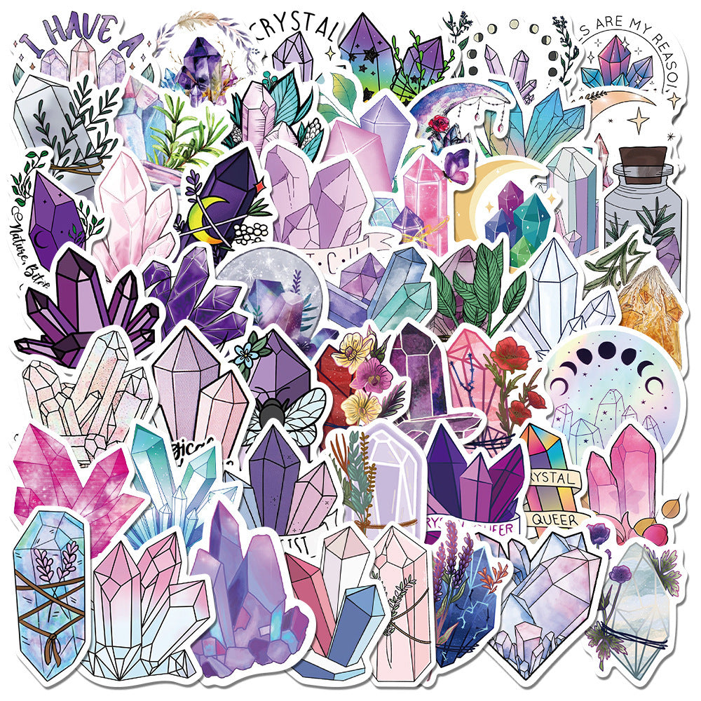 Rectangular cluster of VibeCore Crystals Stickers showcasing mystical crystal-inspired designs, including gemstones and geometric patterns, for personalizing accessories with magical flair.