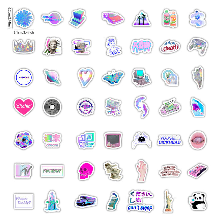 VibeCore Cyber Princess sticker pack with 49 unique stickers. Includes bold, neon cyberpunk and futuristic designs, perfect for laptops, phones, and accessories.