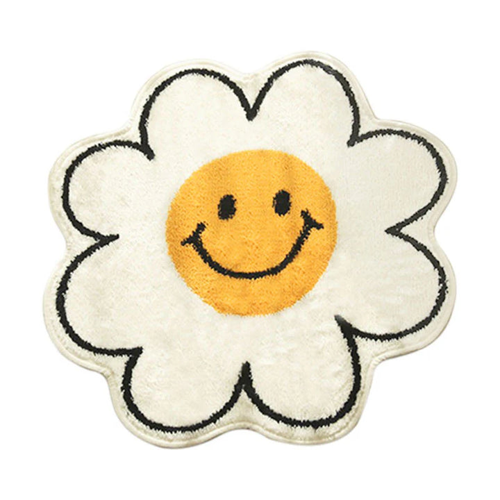 Full product photo of the VibeCore Daisy Flower Accent Rug, featuring its playful smiling flower design, vibrant colors, soft plush texture, and non-slip backing. A cute, cozy rug that adds a cheerful, aesthetic touch to modern bedrooms, dorms, or living rooms.