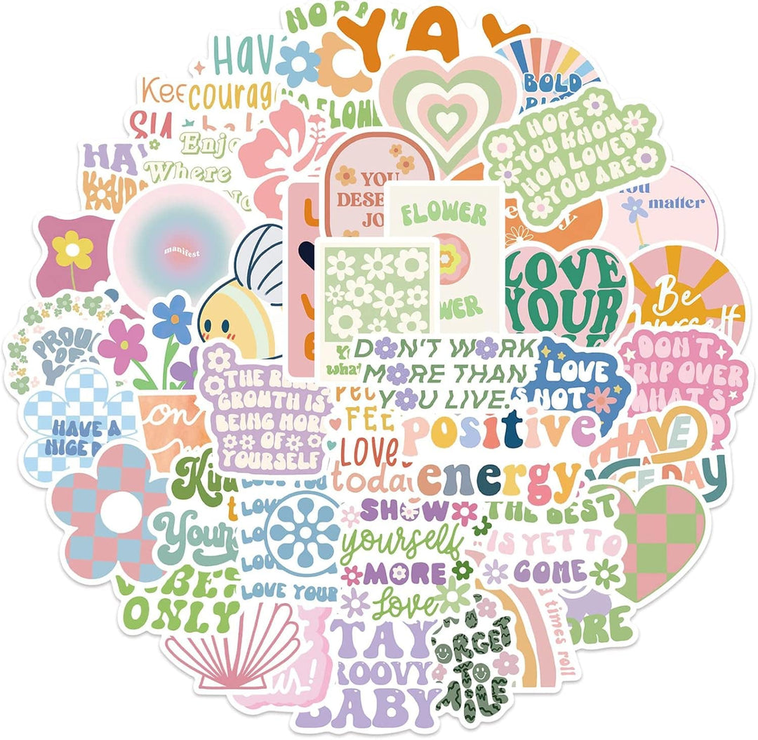 A circular cluster of VibeCore Danish Pastel Quotes Motivational Stickers, featuring vibrant, inspirational quotes and aesthetic designs. Perfect for customizing laptops, water bottles, notebooks, and more. Durable, fade-resistant, and residue-free for easy application and removal.
