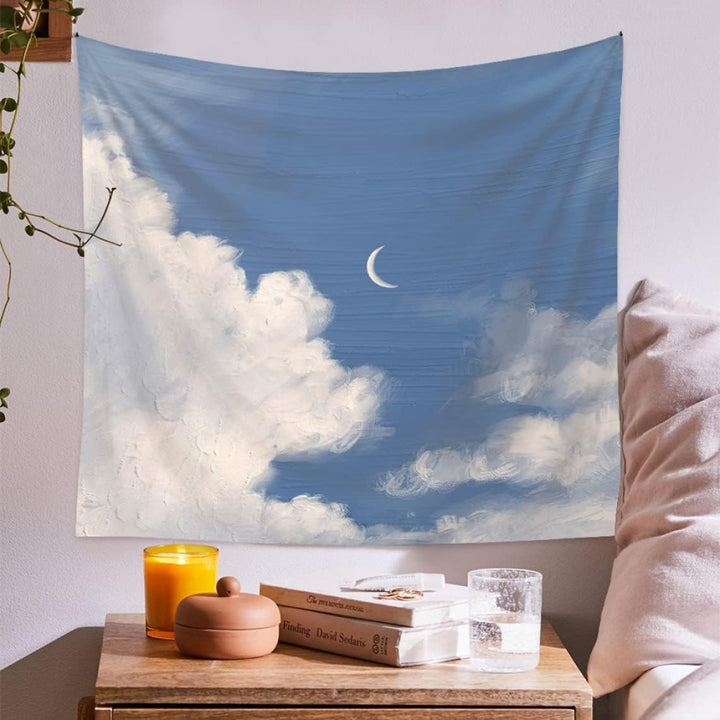 VibeCore Daylight Moon Tapestry Above Bedside Table