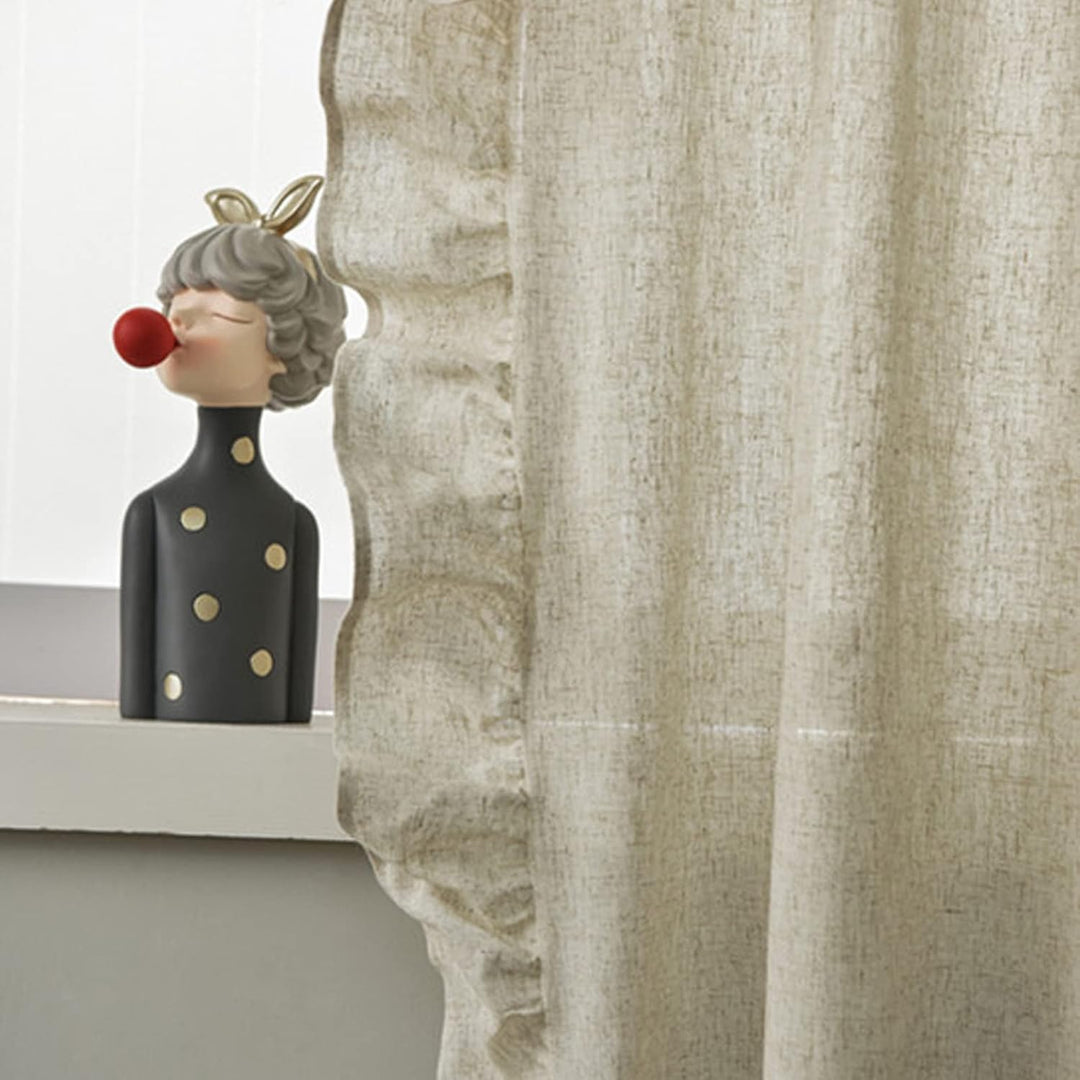 Close-up of the delicate ruffle detailing on the VibeCore Delicate Ruffles Curtain in beige, showcasing the soft, textured fabric.