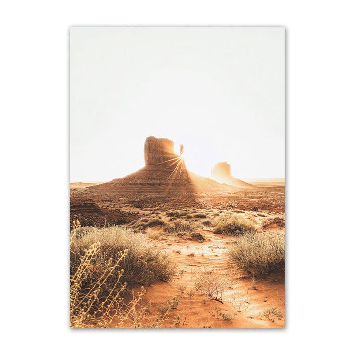 VibeCore Desert Canvas Prints Option B: sun peering behind rock formation in desert