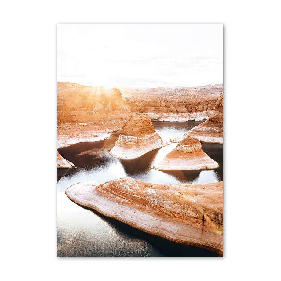 VibeCore Desert Canvas Prints Option C: Canyons with river flowing through it with sun shining