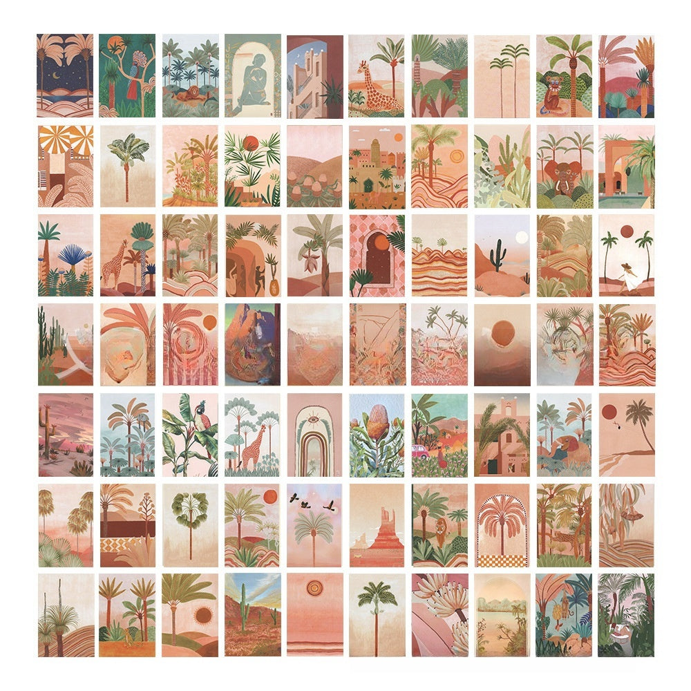 Desert Jungle Wall Collage Kit by VibeCore, featuring 70 unique prints blending desert vibes and jungle-inspired artwork. Perfect for creating an adventurous, eclectic photo collage poster or wall art display in your dorm room or bedroom. Printed on high-quality matte paper for a sleek, glare-free finish.