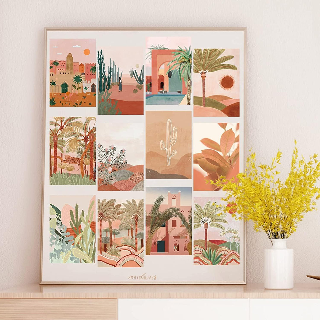 VibeCore Desert Jungle Wall Collage Kit in another framed display, featuring 70 unique prints blending desert vibes and jungle-inspired artwork. Perfect for creating an adventurous, stylish focal point in any room.