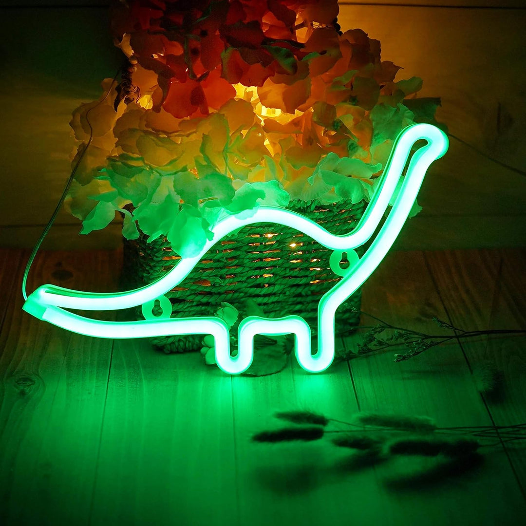 Aesthetic VibeCore Dinosaur Neon Light in vibrant green, USB or battery-powered LED sign for trendy bedroom, dorm, or game room decor, adding a fun, bold glow to elevate your space.