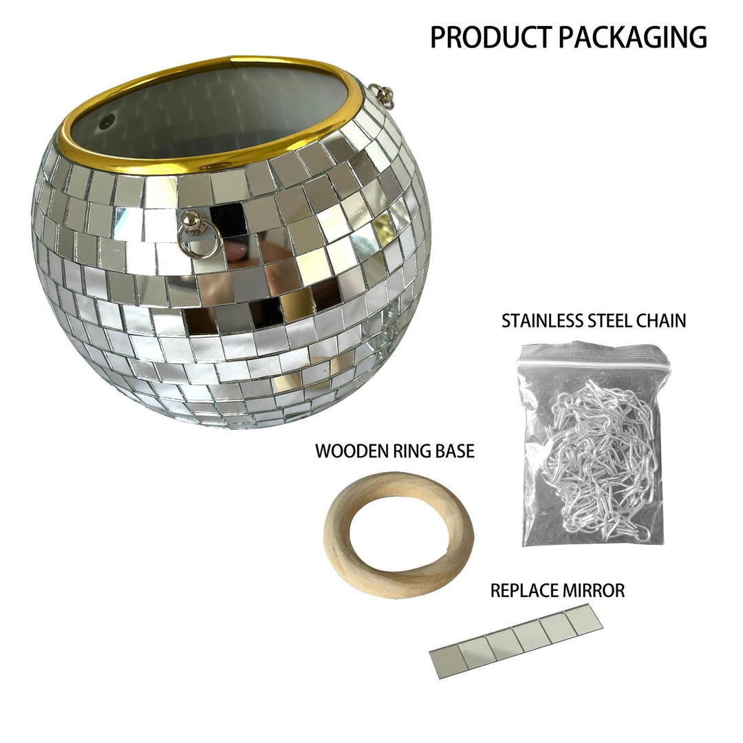 VibeCore Disco Ball Planter product packaging, showcasing secure and eco-friendly materials to protect the reflective mirror-ball surface. The packaging highlights the retro-inspired design, making it perfect for gifting or safely transporting this stylish planter.