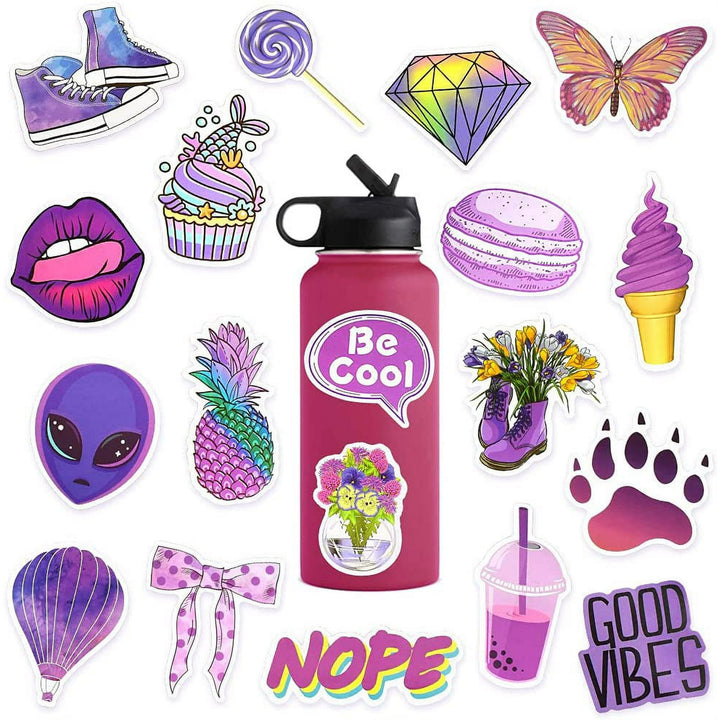 VibeCore Edgy Purple Stickers on a water bottle, showcasing vibrant purple aesthetic stickers with a bold, edgy vibe. Close-up view highlights unique purple designs.