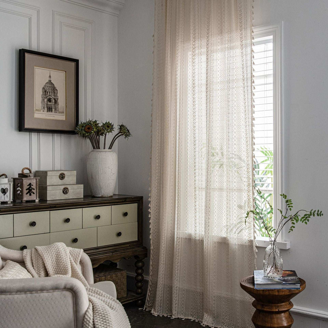 VibeCore Farmhouse Crochet Curtain, featuring delicate crochet lace details, semi-shading design for light filtering and privacy, crafted from a durable polyester-cotton blend, perfect for adding a rustic, cozy farmhouse touch to your space.