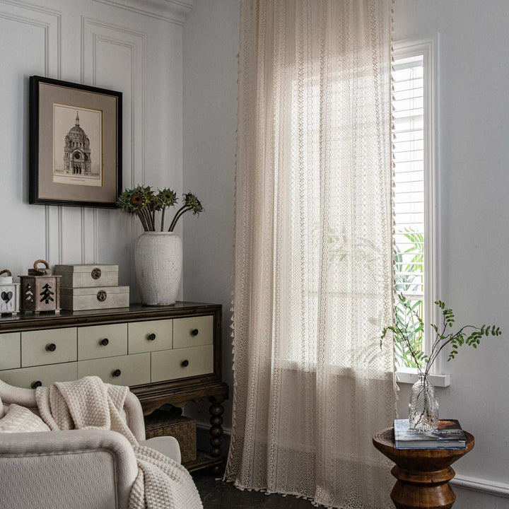 VibeCore Farmhouse Crochet Curtain, featuring delicate crochet lace details, semi-shading design for light filtering and privacy, crafted from a durable polyester-cotton blend, perfect for adding a rustic, cozy farmhouse touch to your space.