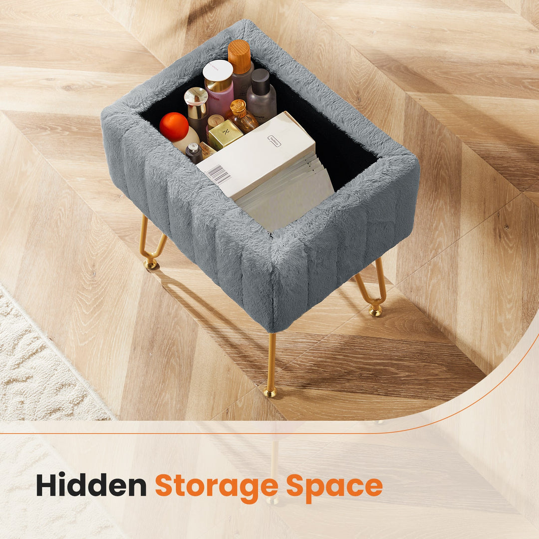 VibeCore Faux Fur Vanity Stool Gray Storage Space