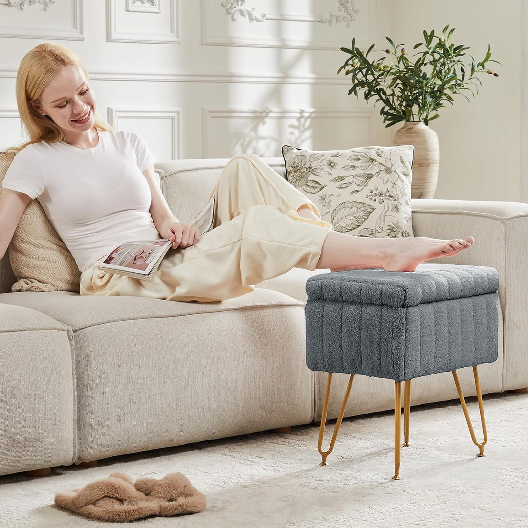 VibeCore Faux Fur Vanity Stool Gray Woman Using It