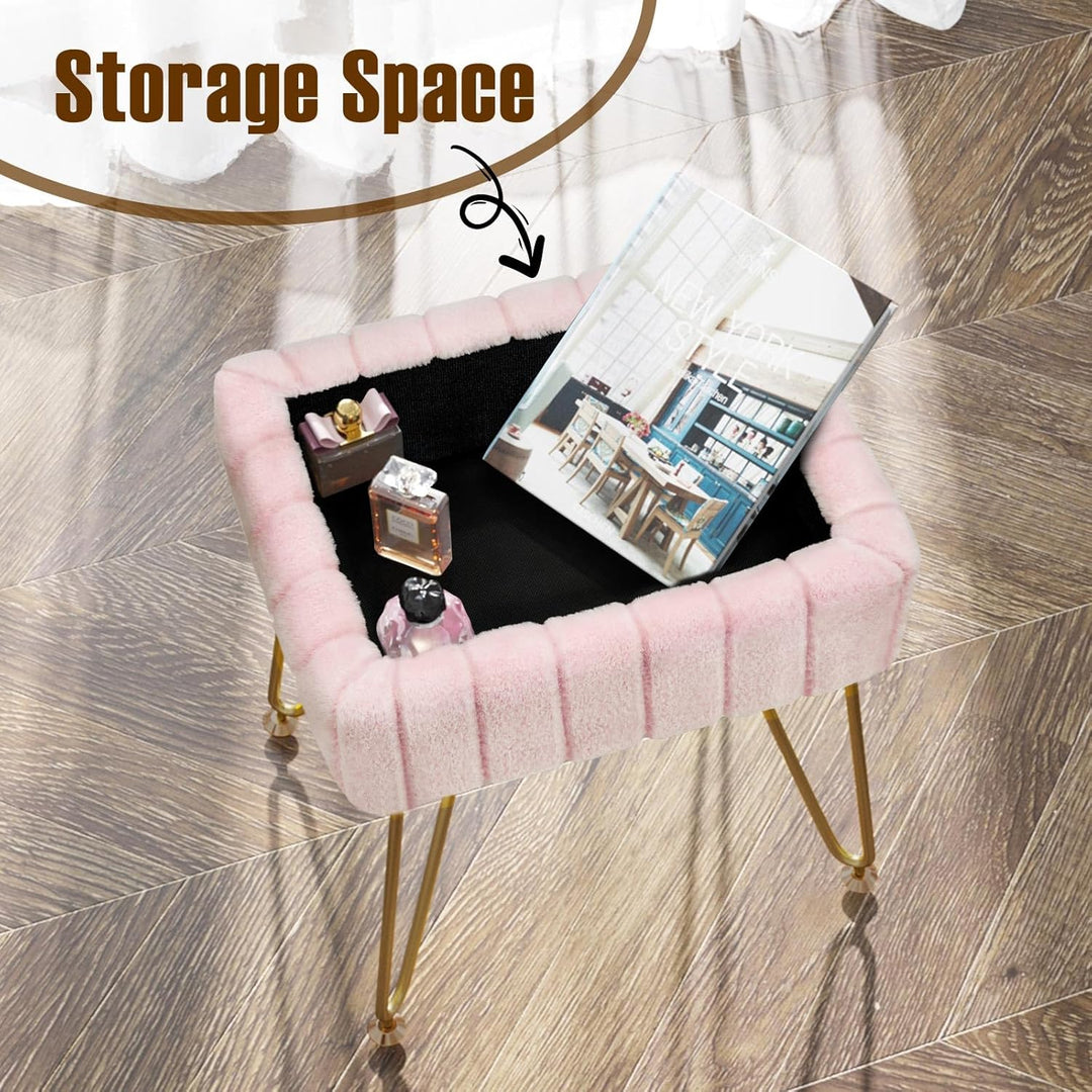 VibeCore Faux Fur Vanity Stool Pink Storage Space