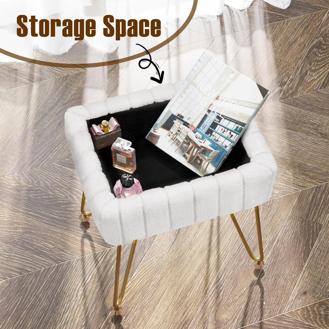 VibeCore Faux Fur Vanity Stool White Storage Space