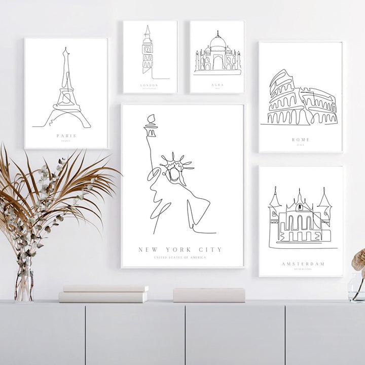 VibeCore Fine Line Cities Canvas Prints Framed On Wall