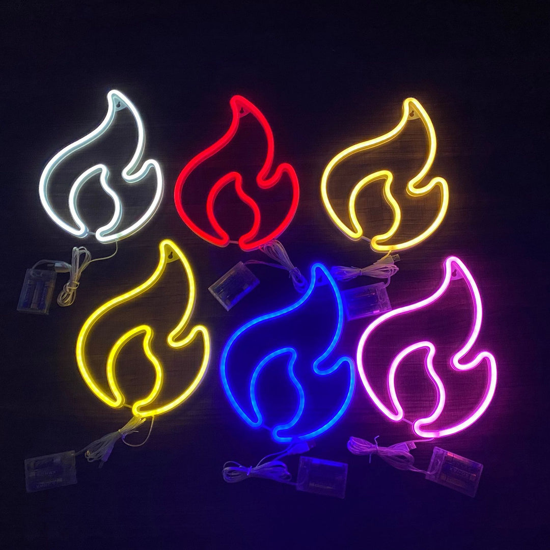 Aesthetic VibeCore Fire Flame Neon Light, USB-powered LED sign available in six colors (white, red, warm white, yellow, blue, and pink), perfect for trendy bedrooms, dorms, or game rooms, adding a bold, vibrant glow to elevate your space.