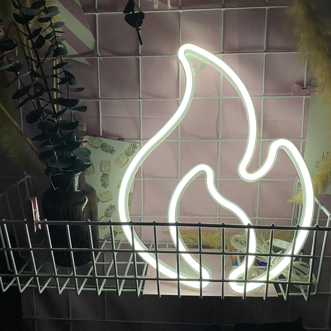Aesthetic VibeCore Fire Flame Neon Light in white, USB-powered LED sign for trendy bedroom, dorm, or game room decor, adding a bold, vibrant glow to elevate your space.