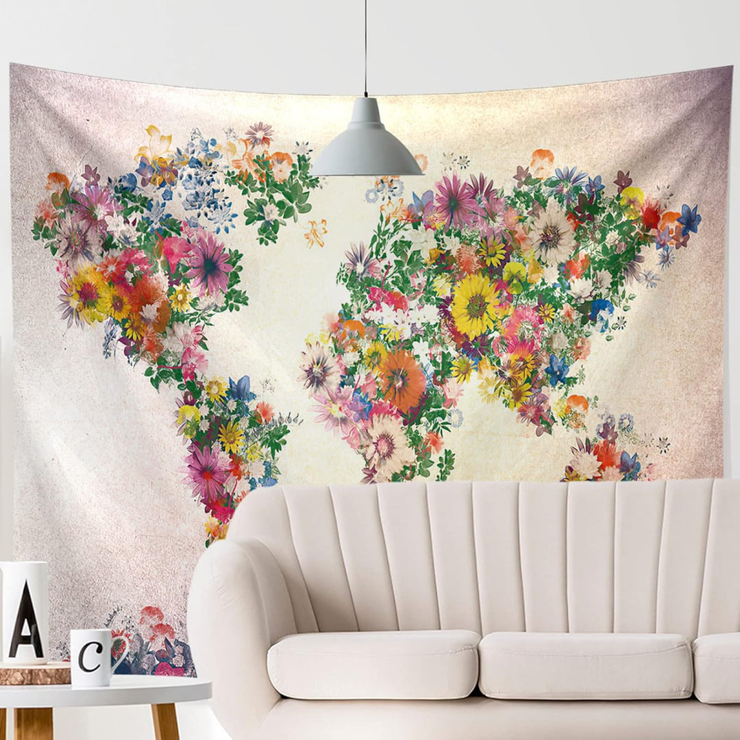 VibeCore Floral World Map Tapestry Behind Couch