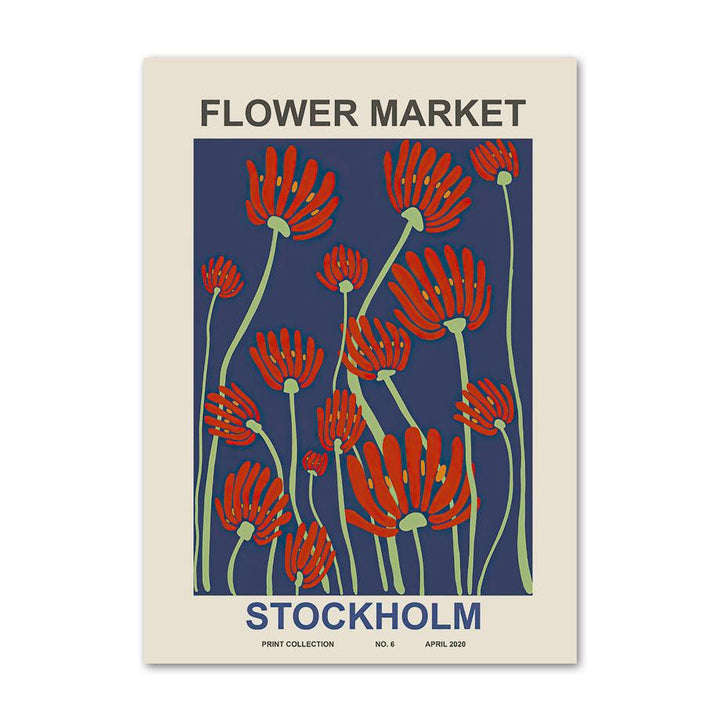 VibeCore Flower Market Around The World Canvas Prints Option A - Flower Market Stockholm With Red Florals On Navy Background