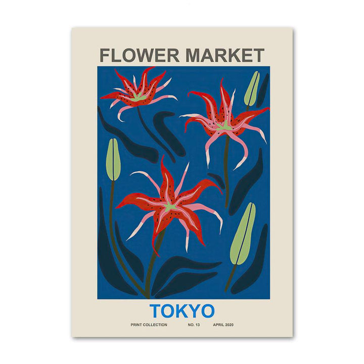 VibeCore Flower Market Around The World Canvas Prints Option B - Flower Market Tokyo With Red Florals On Navy Background 