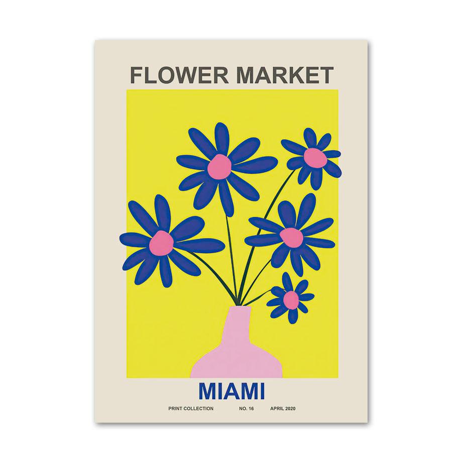 VibeCore Flower Market Around The World Canvas Prints Option C - Flower Market Miami Blue Flowers In Pink Vase With Yellow Background