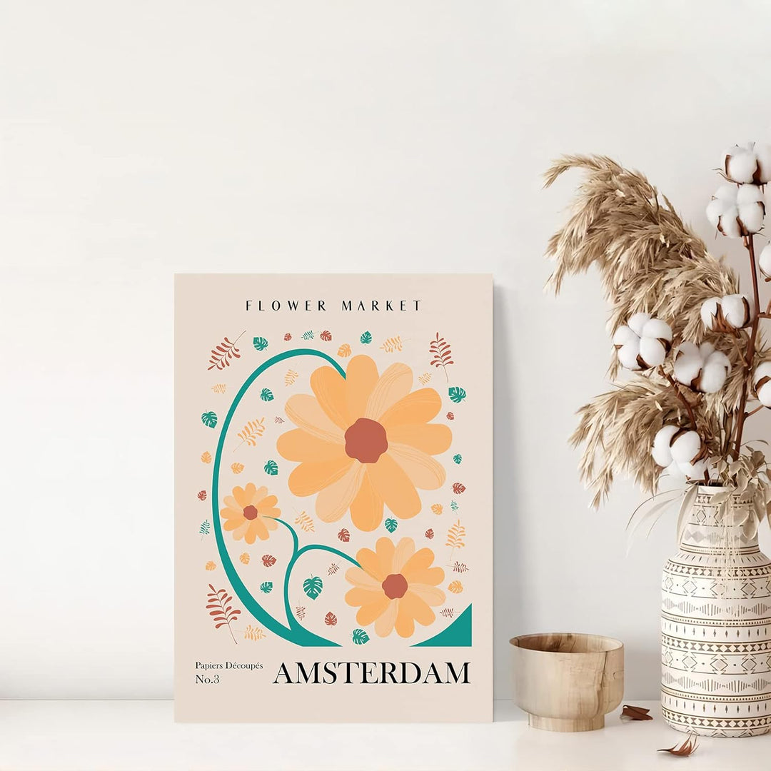 "VibeCore Flower Market Cities Canvas Posters" featuring a colorful floral print inspired by the iconic flower markets of Amsterdam. The design highlights vibrant blooms that capture the essence of Dutch charm and springtime beauty, bringing a refreshing and aesthetic touch to any room. Ideal for nature lovers and those drawn to worldly, floral vibes.