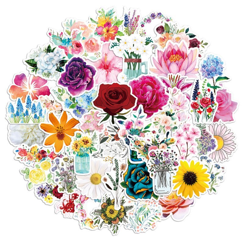 VibeCore Flowers Stickers Circular Cluster featuring 50 vibrant, floral, aesthetic stickers for personalizing laptops, phones, water bottles, accessories, nature-inspired, cute, removable, trendy, colorful, and durable.