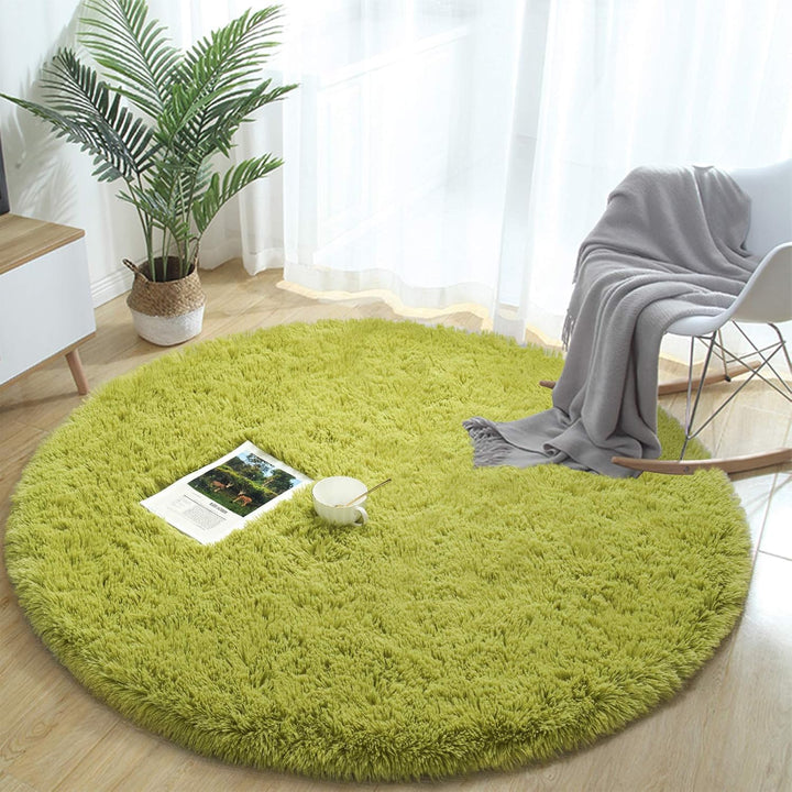 VibeCore Fluffy Round Area Rug in green, soft plush texture with non-slip backing, perfect for bedroom, living room, or dorm. Cozy aesthetic, easy to clean, available in 8 colors.