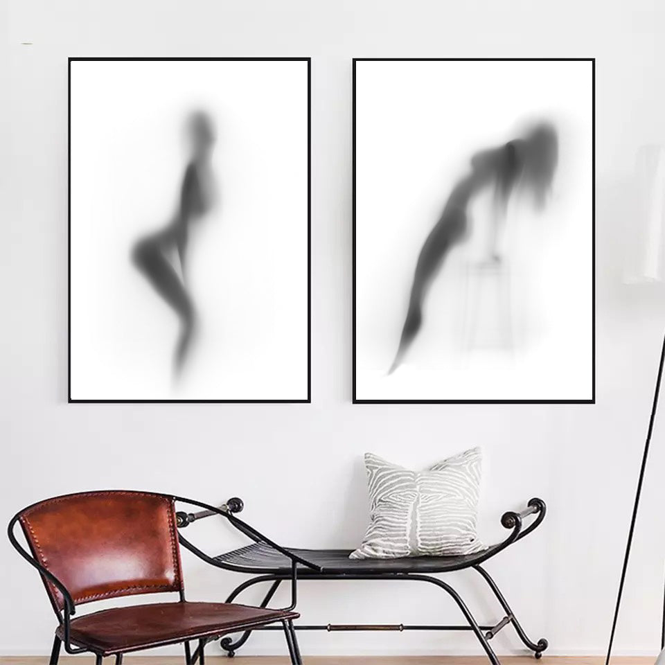VibeCore Foggy Glass Woman Canvas Prints Framed On Wall Above Bench