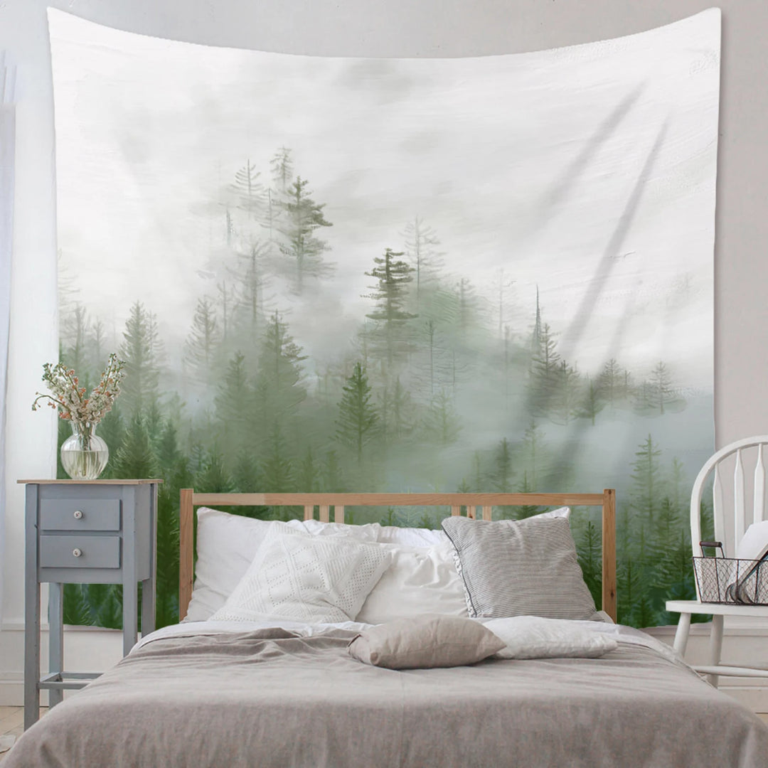 VibeCore Forest Mist Tapestry In Bedroom