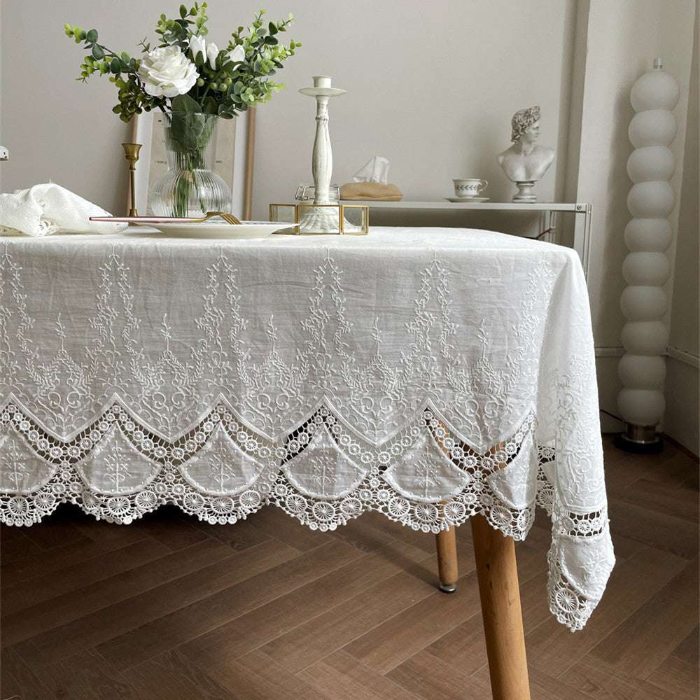 VibeCore French White Lace Tablecloth on dining table with elegant lace detailing, vintage French aesthetic, cotton material, perfect for gatherings and home decor.