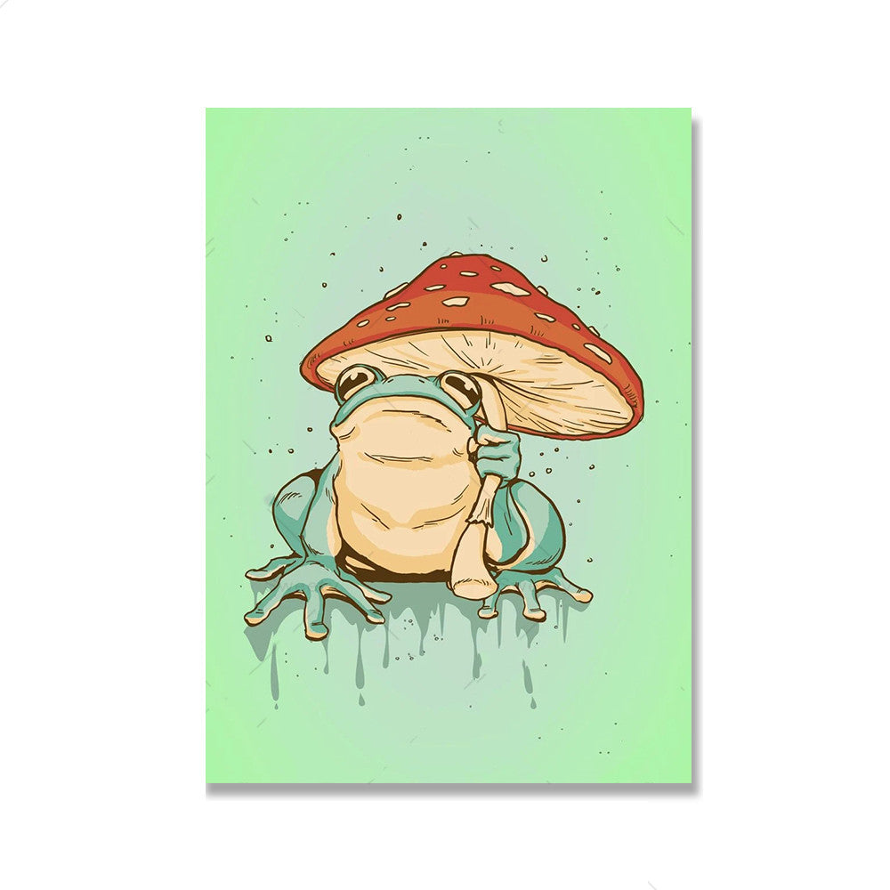 VibeCore Frog Mushroom Canvas Prints Option A: Frog using mushroom as umbrella with lime green background