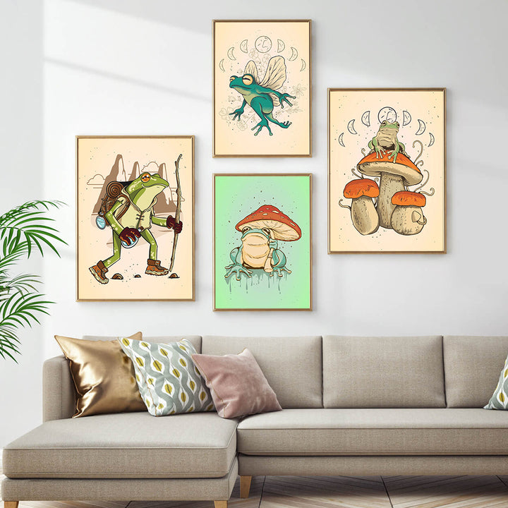 VibeCore Frog Mushroom Canvas Prints Option A C D E Framed On Wall Above Couch