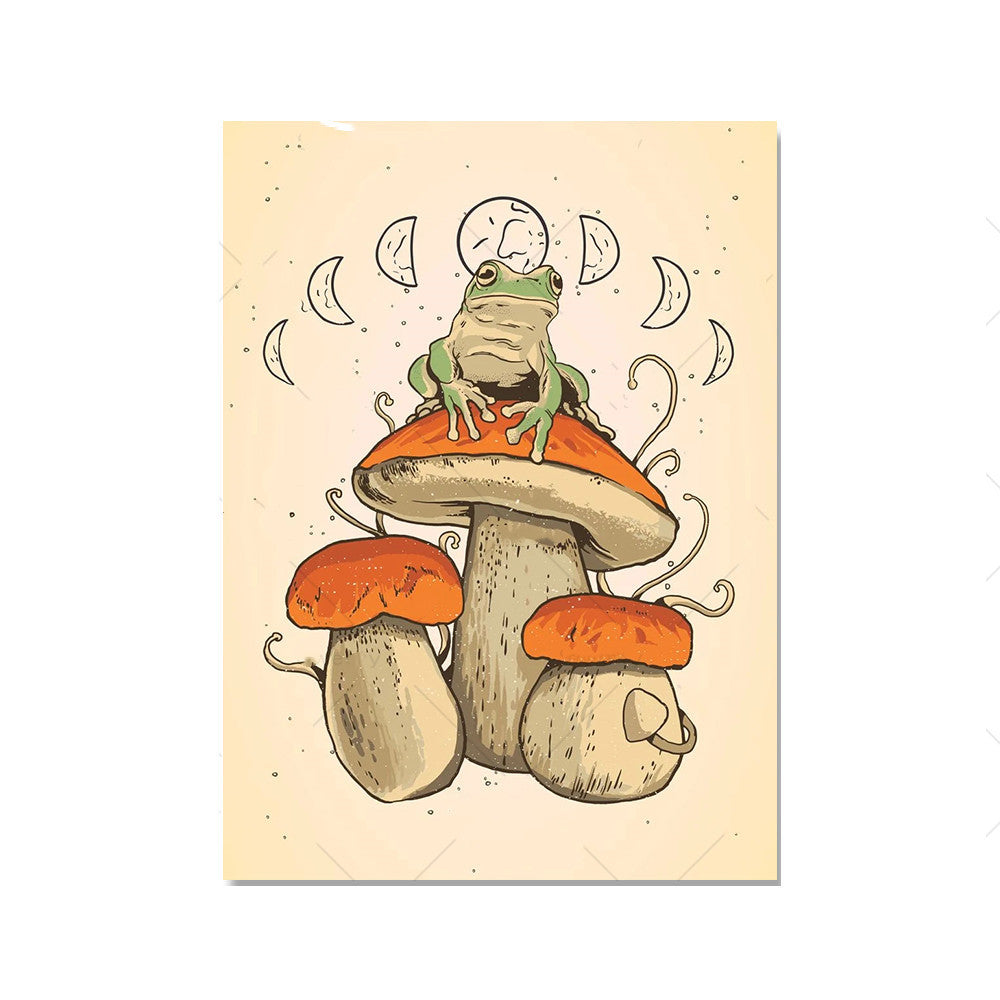 VibeCore Frog Mushroom Canvas Prints Option D: frog sitting on red mushroom under moon phases