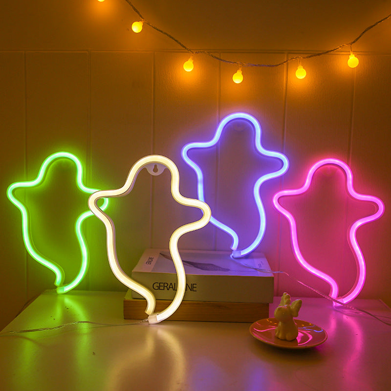 VibeCore Ghost Neon Light in all 4 colors: warm white, pink, purple, and green, glowing in a vibrant display.