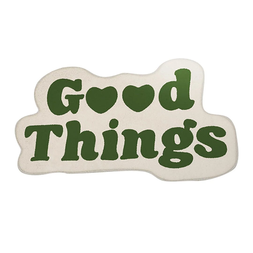 Aesthetic green "Good Things Accent Rug" featuring a motivational Y2K message. This soft, plush rug adds a refreshing pop of color and positivity to any space, with a non-slip backing for comfort and stability. Perfect for enhancing your room decor with warmth and style.