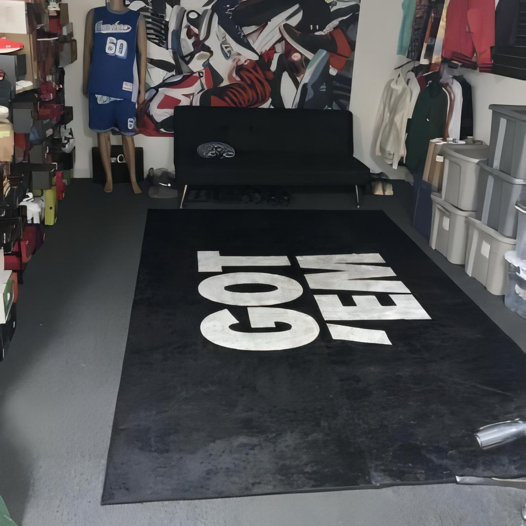VibeCore Got 'Em Accent Rug in black on the floor, featuring bold color combinations and sleek Euro-American style. Soft, fluffy texture with a non-slip backing, ideal for adding comfort and style to any room. Durable and easy to clean.