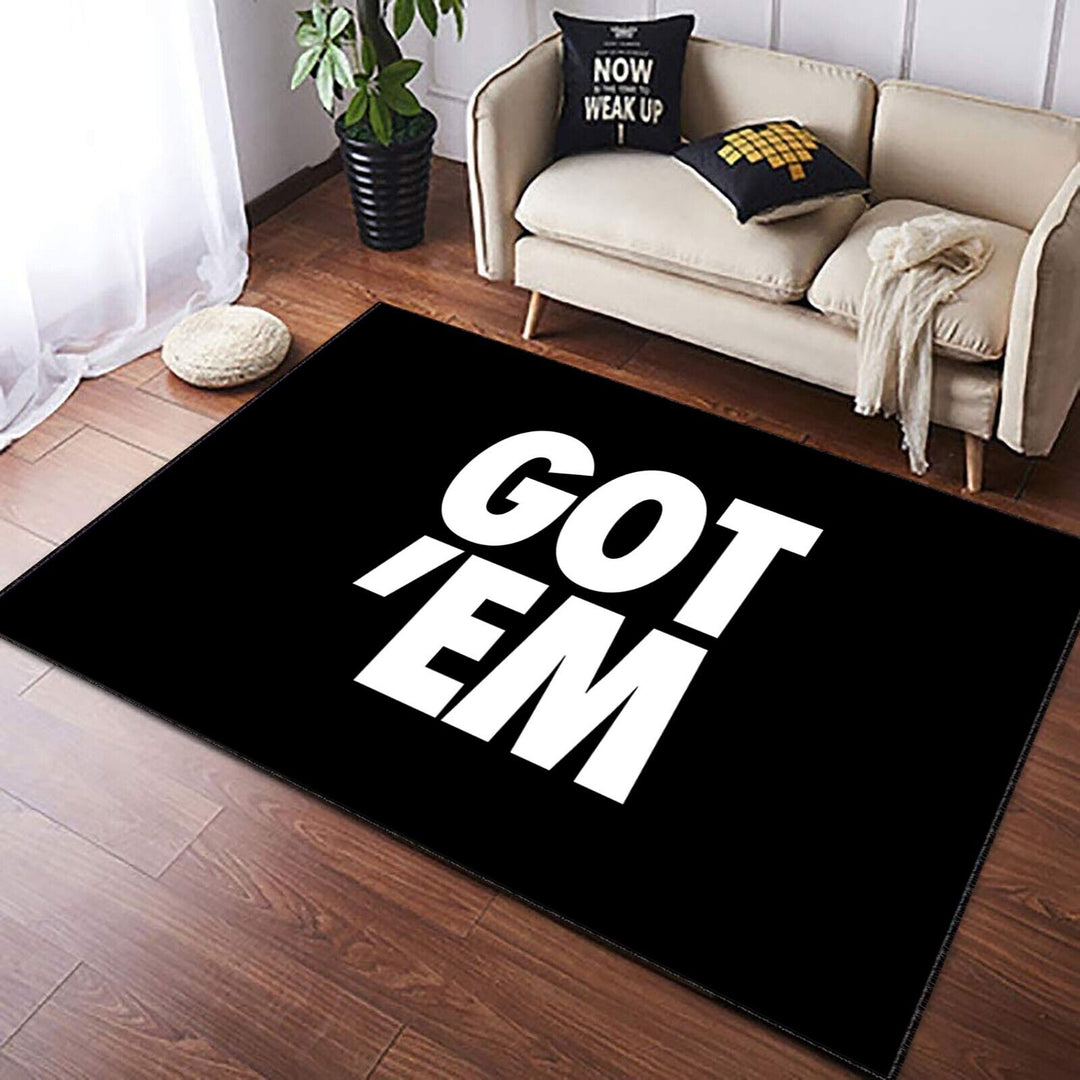 VibeCore Got 'Em Accent Rug in the living room, featuring bold colors and a sleek Euro-American style. Soft, fluffy texture with a non-slip backing, perfect for adding comfort and style to high-traffic areas. Durable and easy to clean, ideal for any room.