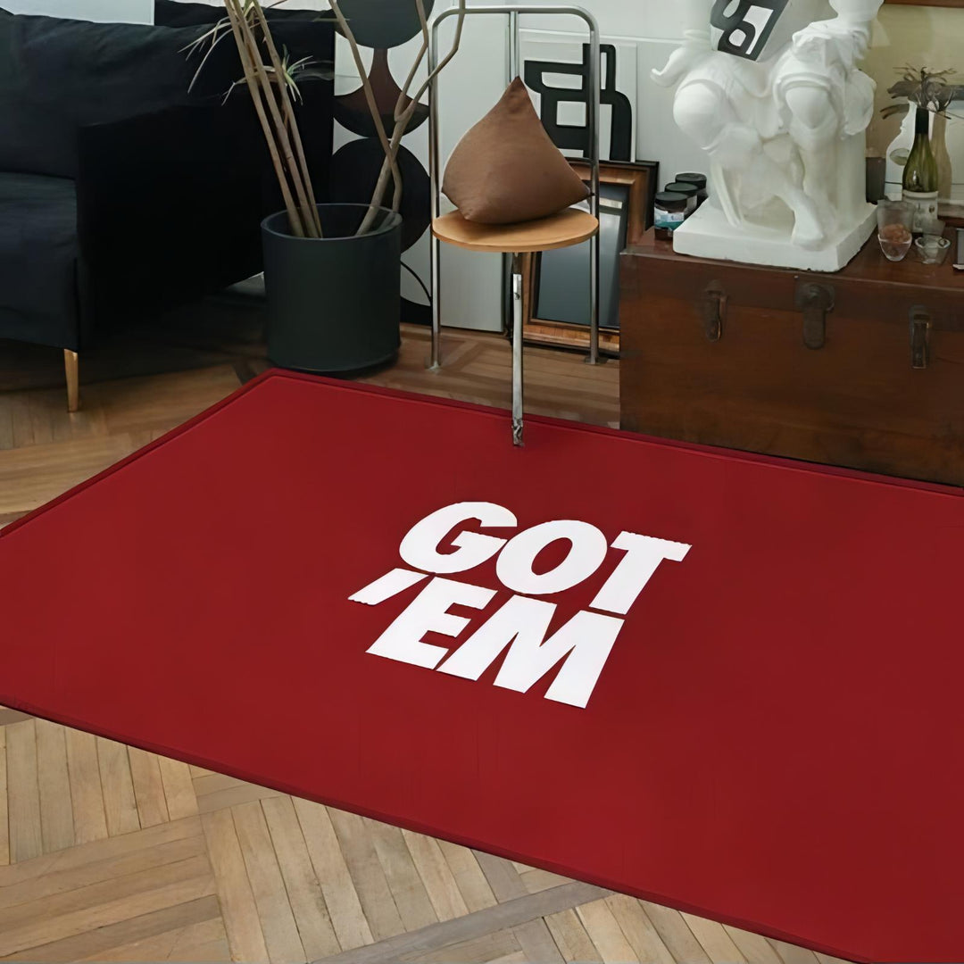 VibeCore Got 'Em Accent Rug in red on the floor, showcasing bold color combinations and sleek Euro-American style. Soft, fluffy texture with a non-slip backing, ideal for adding comfort and style to any space. Durable and easy to clean.