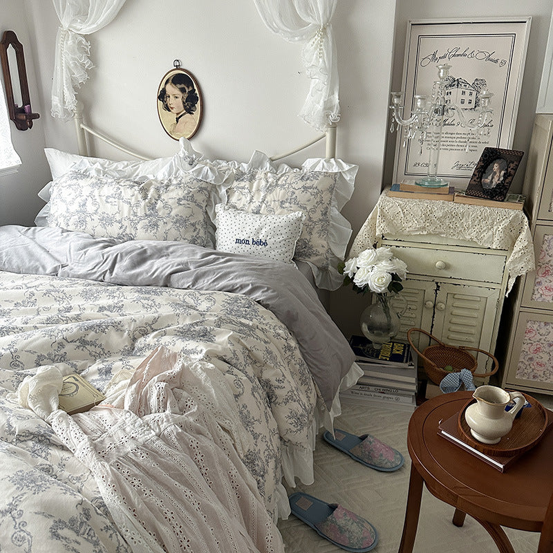 VibeCore Gray Ruffled French Toile Duvet Cover Set