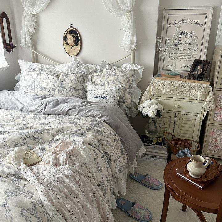 VibeCore Gray Ruffled French Toile Duvet Cover Set