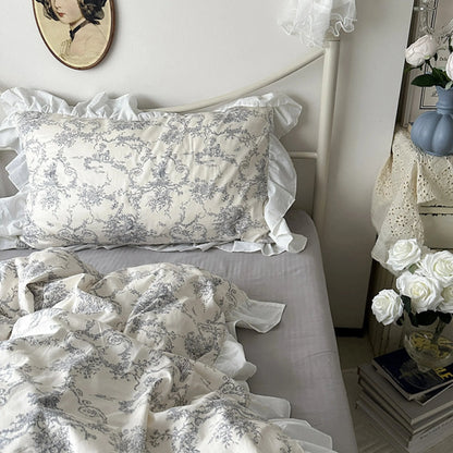 VibeCore Gray Ruffled French Toile Duvet Cover Set Close Up