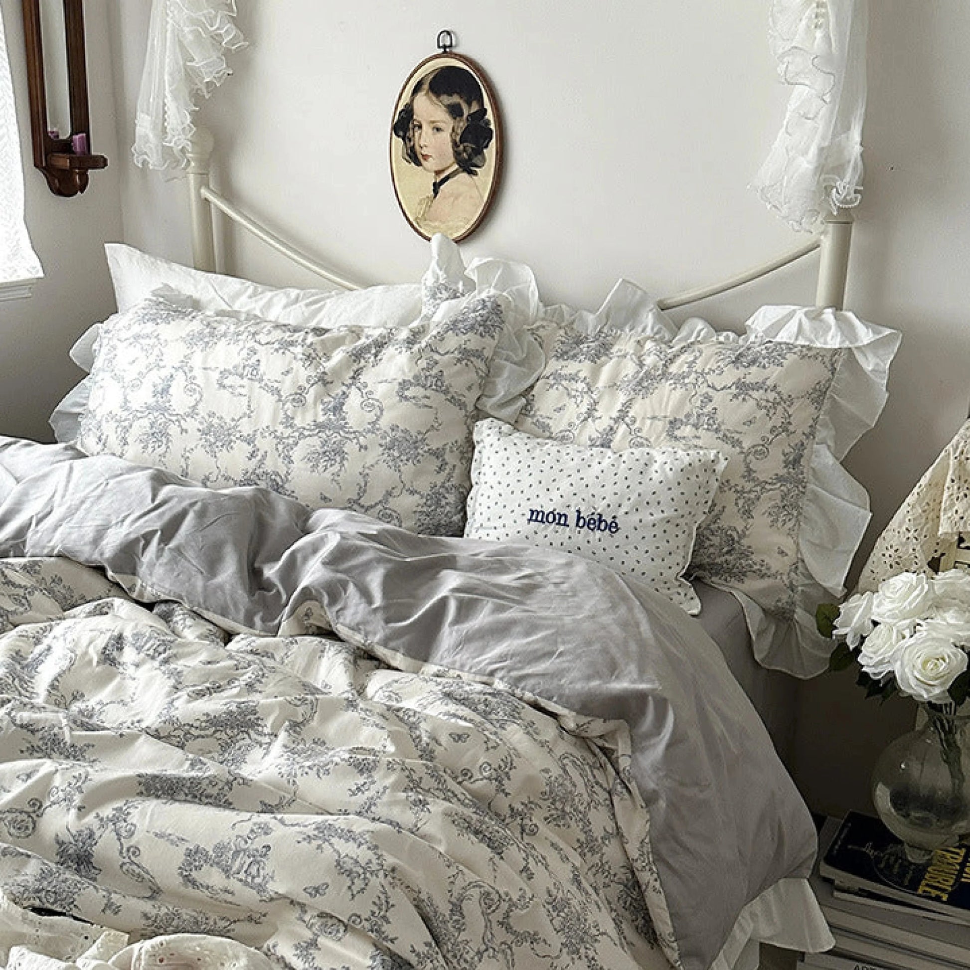 VibeCore Gray Ruffled French Toile Duvet Cover Set Side Aerial Close Up