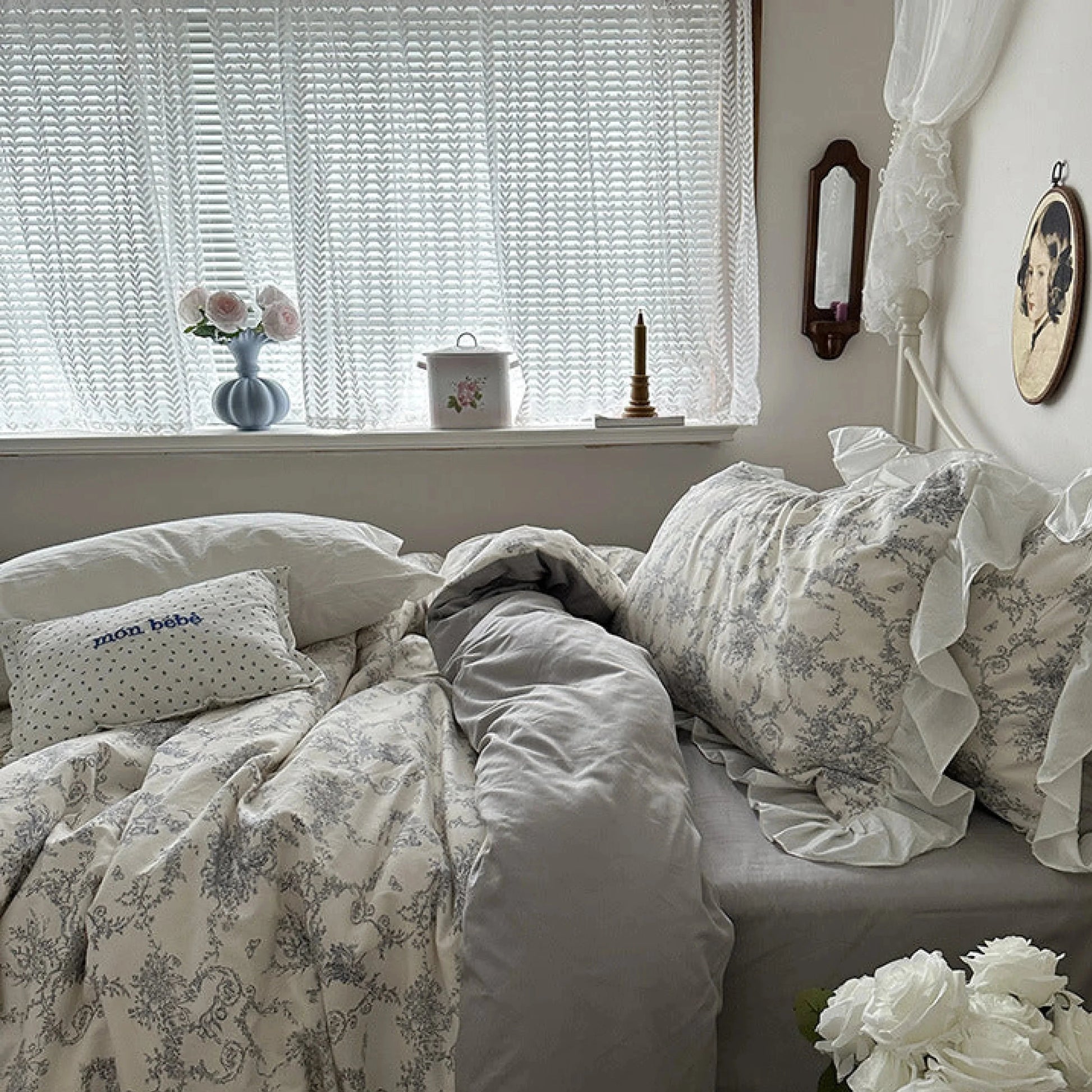 VibeCore Gray Ruffled French Toile Duvet Cover Set Side Right View