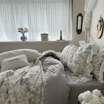 VibeCore Gray Ruffled French Toile Duvet Cover Set Side Right View